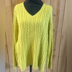 Liz Claiborne Vintage Thick Cable Knit V-Neck Sweater In Limelight